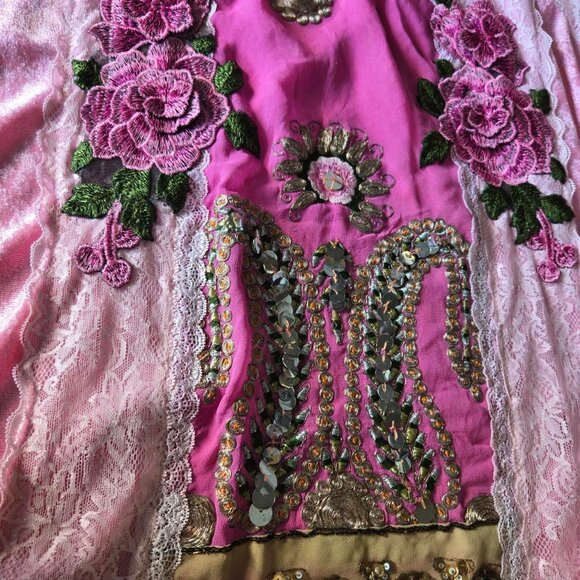 Pink Rose Stretch Velvet and Lace Embroidered Blouse Vintage Style - Picture 7 of 8
